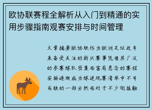 欧协联赛程全解析从入门到精通的实用步骤指南观赛安排与时间管理 欧协联赛程全解析从入门到精通的实用步骤指南观赛安排与时间管理